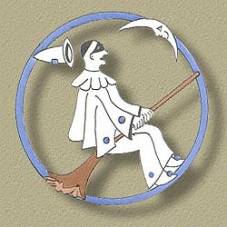 VB 136: Pierrot partant pour la lune  cheval sur un balai dans un cercle blanc bord bleu
voisin renault
bombardement 1914 1918
Premire guerre mondiale